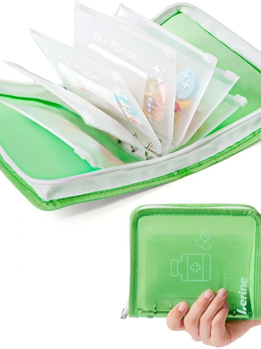 NEW Lerine 7-Day Zippered Pill Pouch Set with Ring Binder, BPA-Free, Green